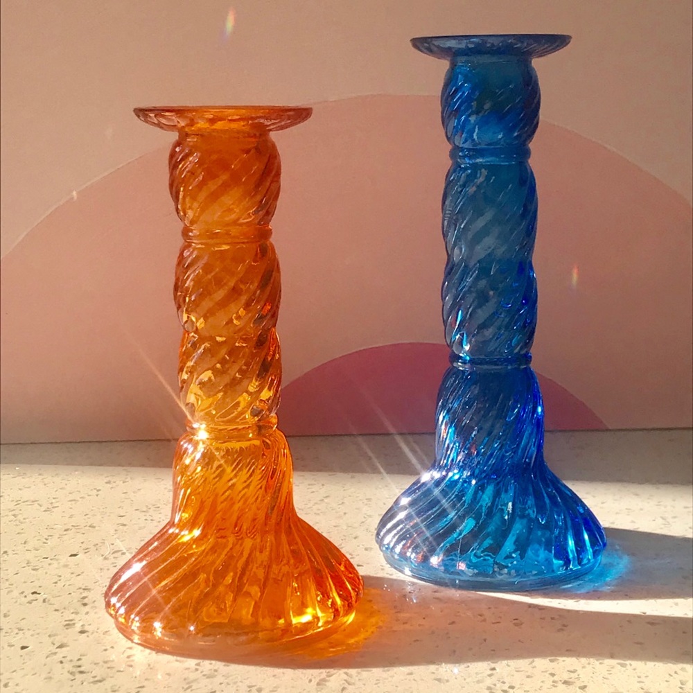 Twisted Glass Candle Holders - Orange and Blue